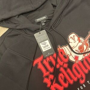 True Religion Black Hoodie with Red Logo and Buddha Graphic